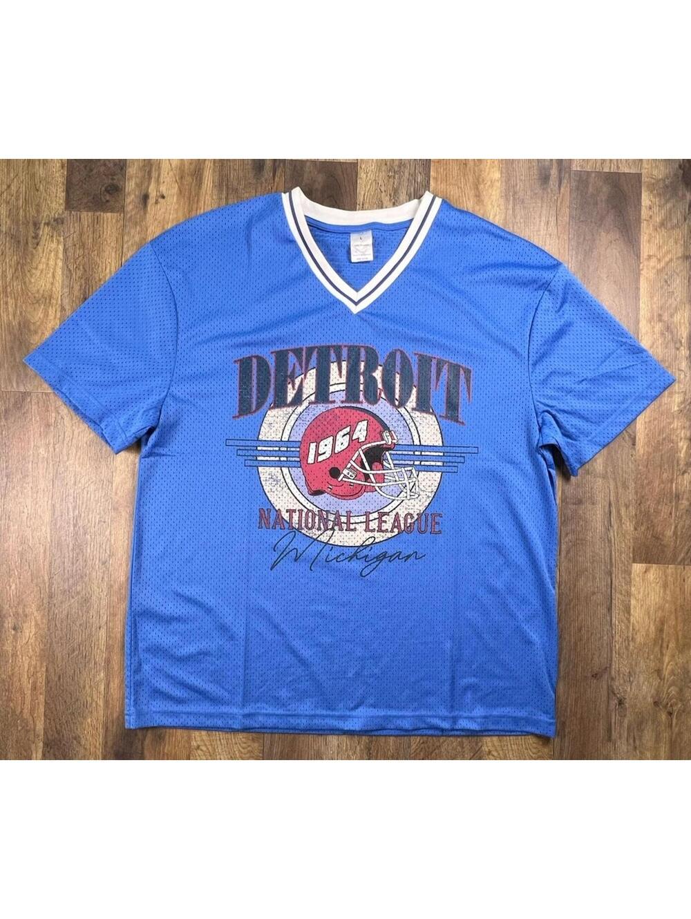 Retro Detroit Michigan Lions Mesh Ringer Jersey Tee Large Blue See Thru